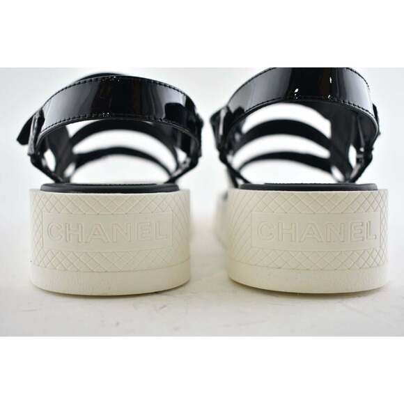 Chanel 20C Black Patent White CC Logo Mule Slide Strap Flat Dad Sandal 40.5 - Picture 11 of 12